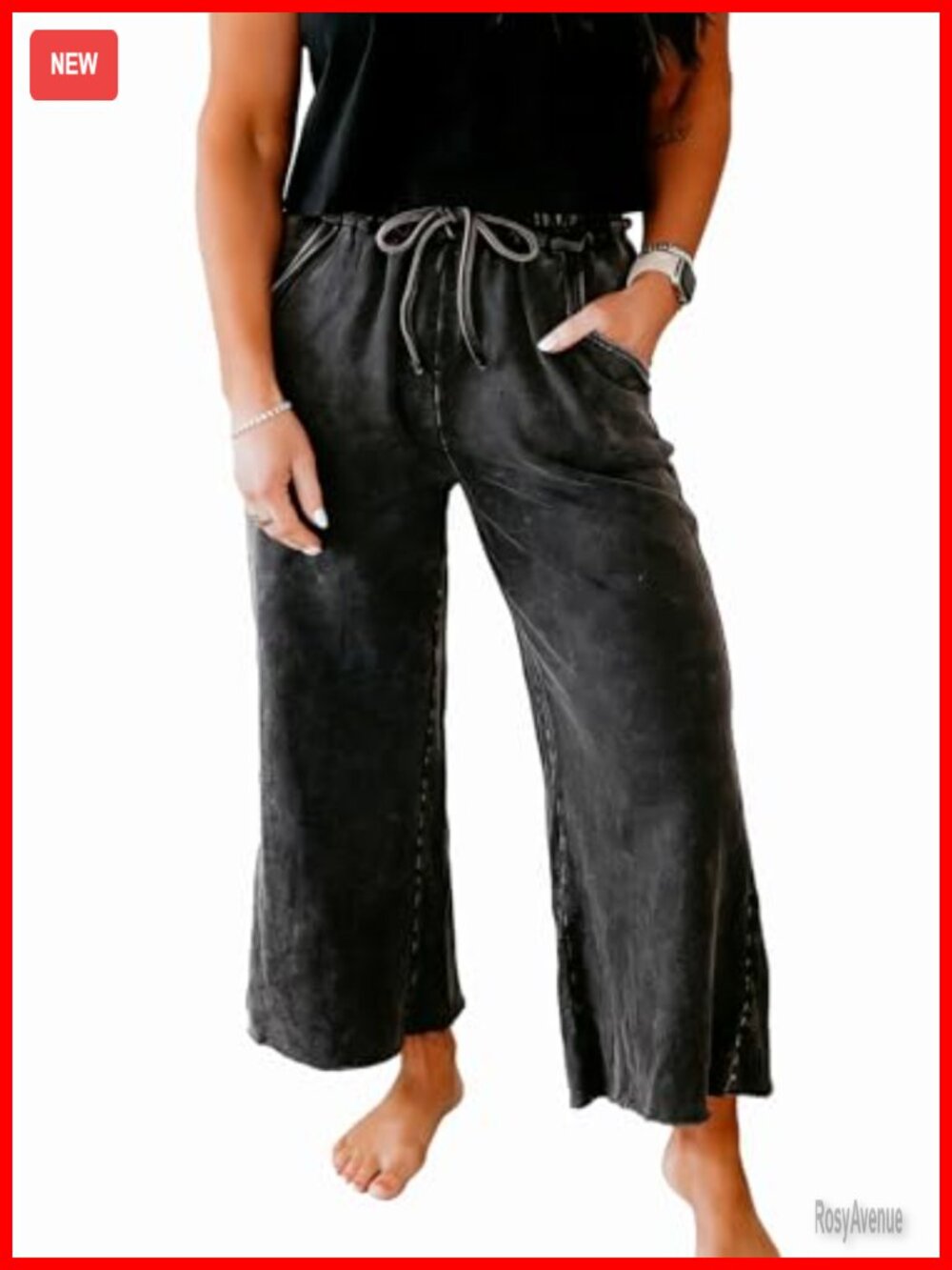 Womens High Waist Drawstring Wide Leg Cropped Mineral Wash Pants
